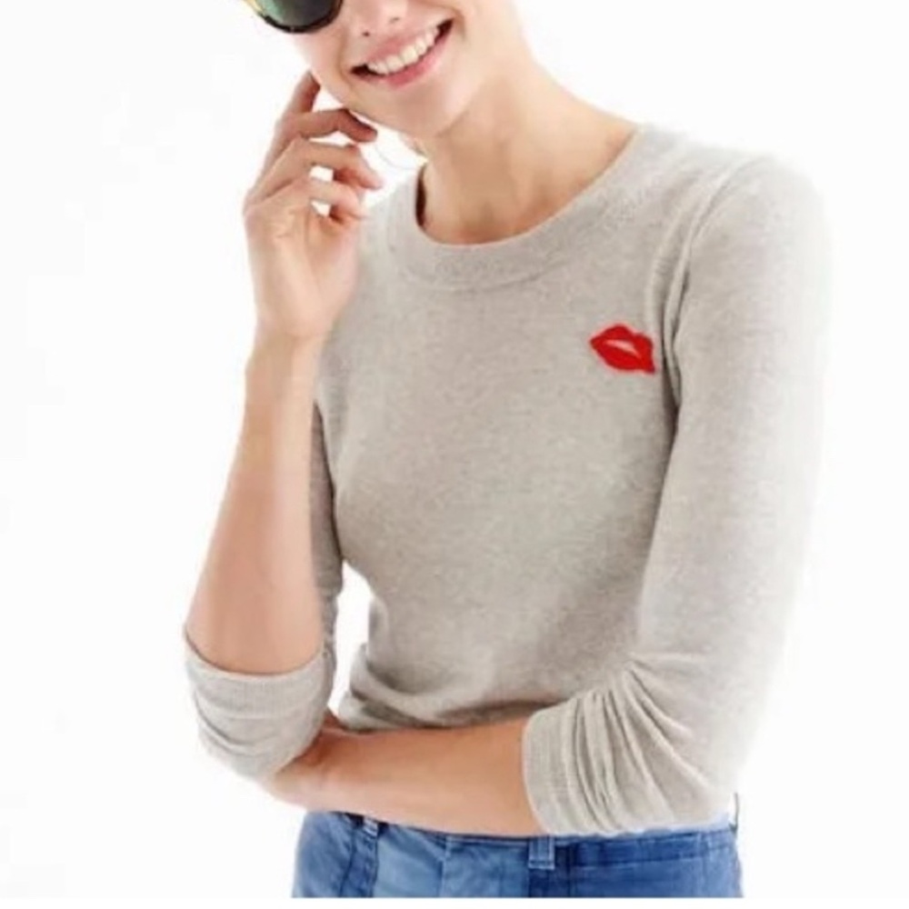 J. Crew Heather Gray Tippi Merino Wool Sweater with Embroidered Lips